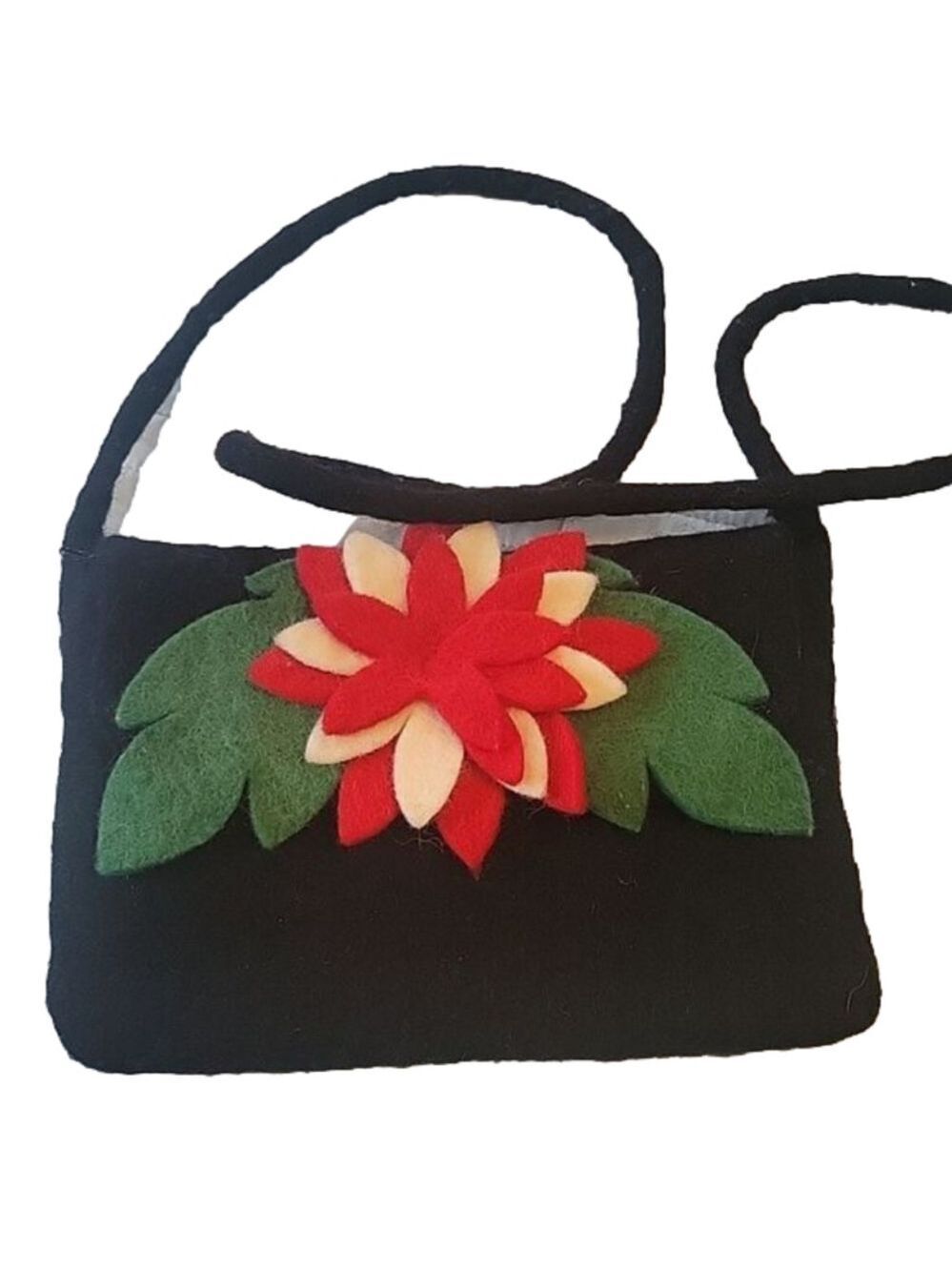 Handmade boiled wool christmas poinsettia black holiday purse